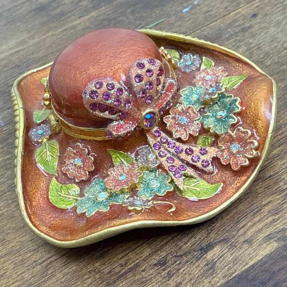 Perry Borrelli Floral Enamel Hat Trinket Pill Box Colorful Rhinestones & Glitter